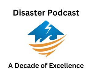 Disaster Podcast house lightning cyclone logo with words Disaster Podcast a decade of excellence