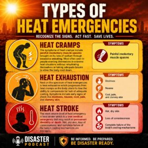heat emergency graphic with heat cramps, exhaustion, and stroke listed.